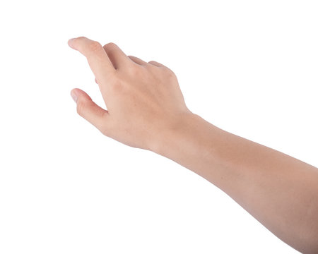 Woman hand touching screen Isolated on white background