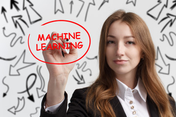 Business, technology, internet and networking concept. Young entrepreneur showing keyword: Machine...