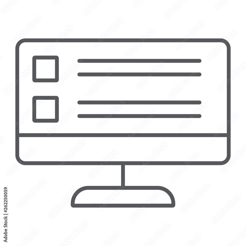 Poster online surveys thin line icon, computer and test, pc screen sign, vector graphics, a linear pattern 