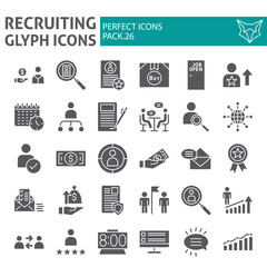 Recruiting glyph icon set, employment symbols collection, vector sketches, logo illustrations, job signs solid pictograms package isolated on white background.