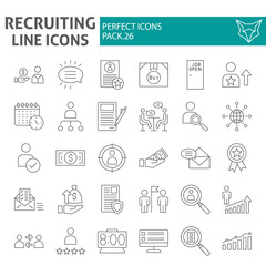 Recruiting thin line icon set, employment symbols collection, vector sketches, logo illustrations, job signs linear pictograms package isolated on white background.