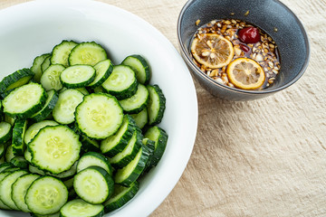 Cucumber slices and sauces