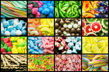 Bright collage of multi-colored chewy candies, sweet dried fruits and fresh sweet pastries. Bright background of sweets and dried fruits.