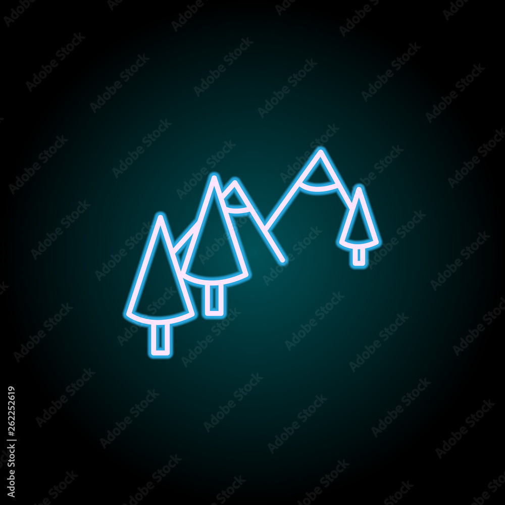 Poster mountains and trees neon icon. elements of camping set. simple icon for websites, web design, mobile