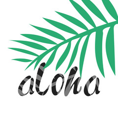 Hand drawn lettering with colofrul palm leaf. Aloha phrase with shadow. Summer tropical concept. Vector illustration