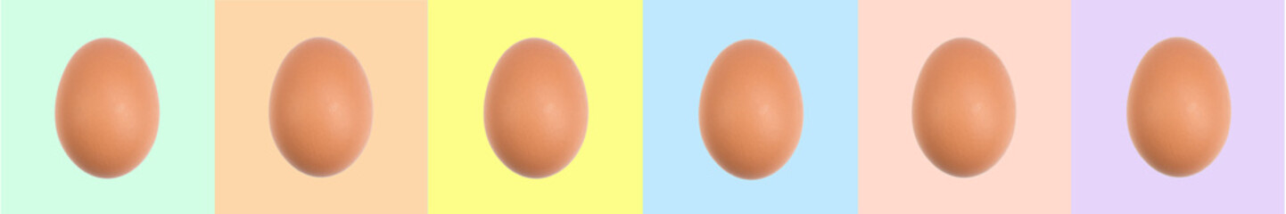 Set of Easter eggs on colorful backgrounds.. Top view. panorama, banner.