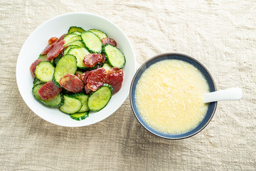 Cucumber fried sausage and millet porridge