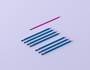 Different pink pencil and blue pencil on blue pastel background. minimal creative concept. The idea about the business leadership.