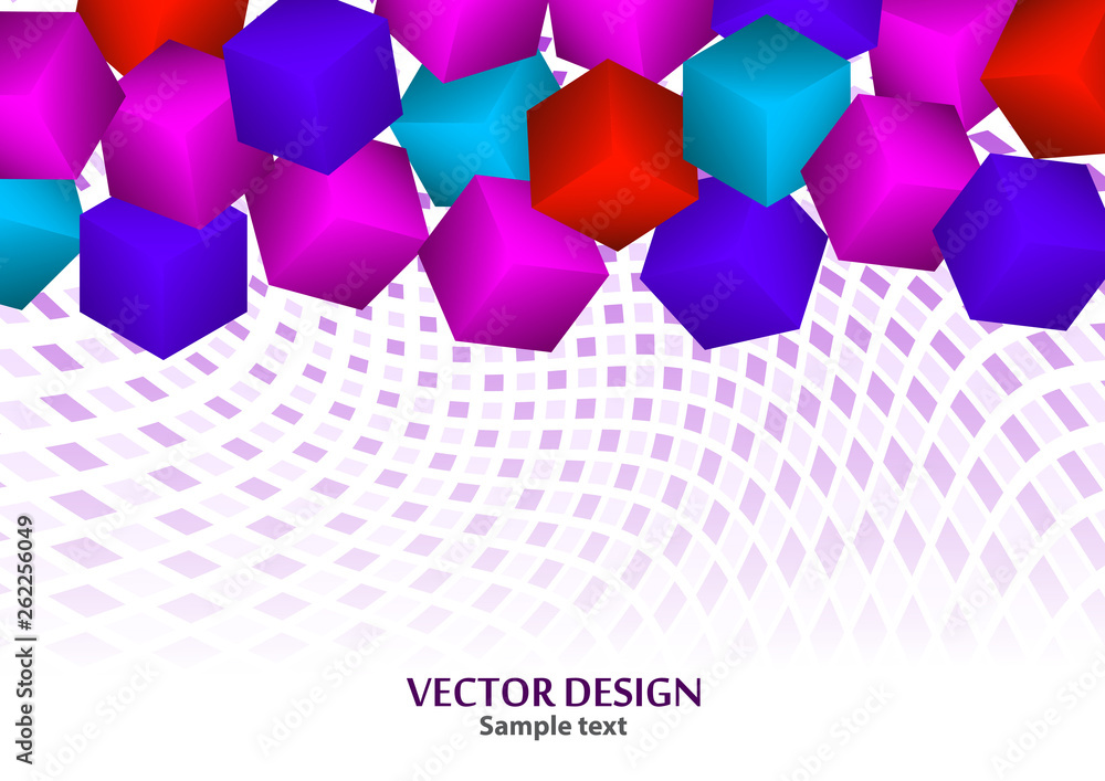 Poster bright abstract background with randomly arranged multi-colored cubes.