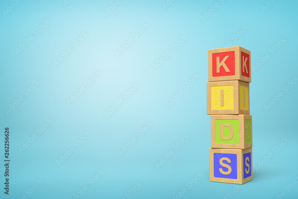 Poster 3d rendering of alphabet toy blocks on blue background.