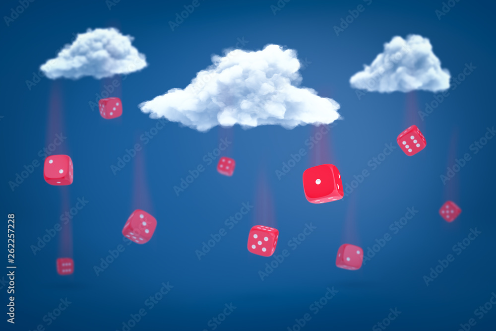 Poster 3d rendering of set of red dice falling down from three white clouds on blue background.