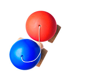 orange and blue colorful Kendama japanese toys, isolated on white, competition concept
