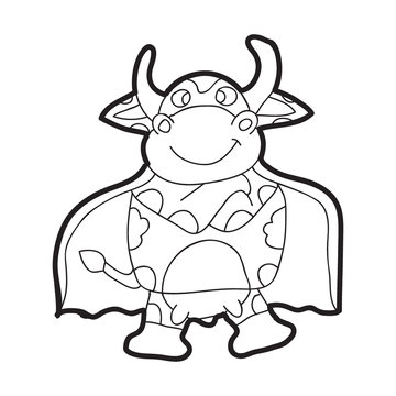 Cartoon doodle illustration of cute cow superhero for coloring book, t-shirt print design, greeting card