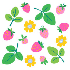 vector strawberry beries leaf flowers cute childdish funny illustration on white