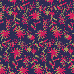 Bright dark seamless pattern with hand drawn overlapping red and green inky flowers and leaves on black background. Trendy chinese ink floral texture for textile, wrapping paper, surface, wallpaper