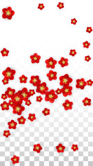 Vector Realistic Red Flowers Falling on Transparent Background.  Spring Romantic Flowers Illustration. Flying Asian Rose Spa Design. Blossom Confetti. Design Elements for Wedding Decoration.