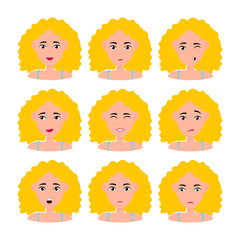 Beautiful woman portrait with different facial expressions set isolated. Young girl smiling, surprised, happy, smiling, idea, kind, angry, greeting emotion face vector character. Blond