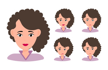 Female young character face set with different emotion. Brunette girl with happy, angry, unhappy, laughing, scared, wow, fun emotions. Vector Illustration