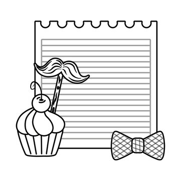 paper sheet with moustache bow tie and muffin black and white