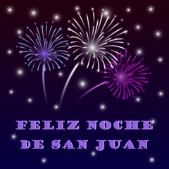 Vector festive poster Happy Night of Saint John with colorful fireworks and text. Spanish translation Feliz Noche de San Juan. Greeting card to celebrate the summer solstice, flat banner. Popular Even