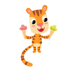 Vector illustration of cartoon funny tiger isolated on white background.