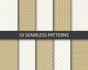 Vector set of golden ornamental seamless patterns. Collection of geometric luxury modern patterns. Patterns added to the swatch panel.