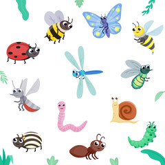 Fototapeta na wymiar Insect set. Cute insects, cartoon style. flying and crawling. butterfly, bee, wasp, fly, ladybug, dragonfly, ant, colorado beetle, mosquito, caterpillar, snail, worm. Isolated illustration