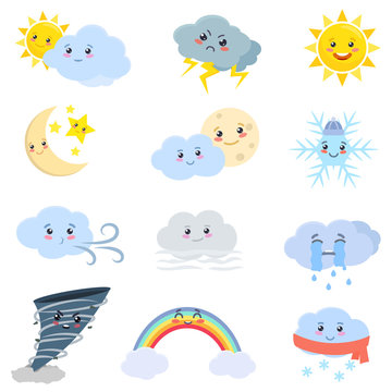 Weather set. Cloud, sun, rain, wind, fog, snow, tornado, moon, etc. Cartoon drawing. Weathering events characters collection. Isolated vector illustration