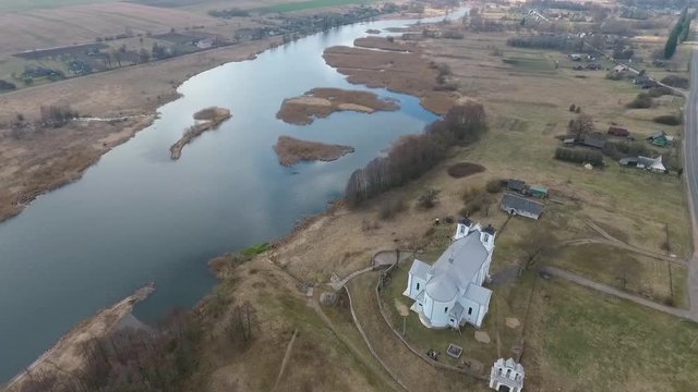 Village houses in the spring, Vishnevo Belarus. Shot by drone
