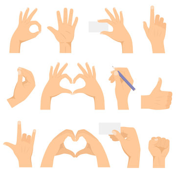 Hand gestures set. Hands make a gesture. Shows OK, heart, thumb up, horns, fist, index finger, holds business card and a pencil. Isolated vector illustration