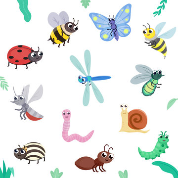 Insect set. Cute insects, cartoon style. flying and crawling. butterfly, bee, wasp, fly, ladybug, dragonfly, ant, colorado beetle, mosquito, caterpillar, snail, worm. Isolated illustration