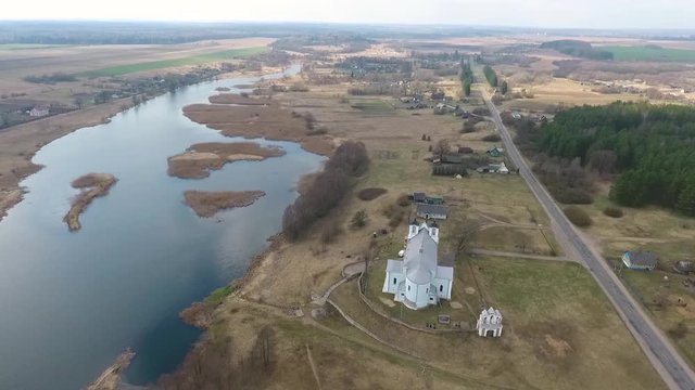 Village houses in the spring, Vishnevo Belarus. Shot by drone