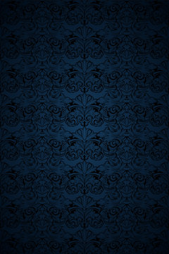 dark blue and black vintage background, royal with classic Baroque pattern, Rococo with darkened edges background, card, invitation, banner. vector illustration EPS 10 © Ксения Головина