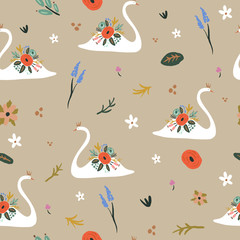 Beautiful white swan princess or queen with crown, romantic seamless pattern and floral bouquet decor elements. Vector
