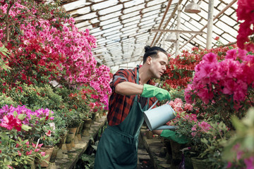 Young guy gardener win work clothes with trendy haircut sprays water on colorful flowers