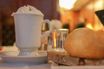 Cup of coffee. Breakfast with coffee on table. - Image