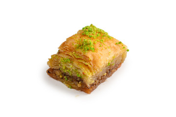 Pistachio baklava on a white background. Dessert.