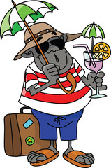 Cartoon gorilla on vacation drinking cocktail vector illustration