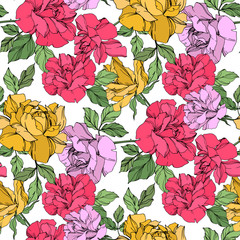 Vector Rose floral botanical flower. Yellow, red and violet engraved ink art. Seamless background pattern.