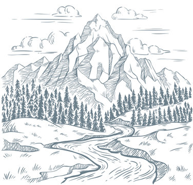 Mountains river engraving. Outdoors travel, mountain adventures and snake rivers vintage hand drawn landscape vector illustration