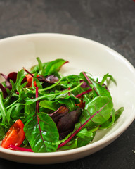 salad dressing,olive oil,food,food background,cress,mix salad,red chard,chard,mangold,snack,aperitif,vitamins,balanced,vegan,vegetarian,copy space,salad,spinach,lettuce,arugula,tomato,fresh,rocket,gre