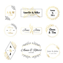Wedding invitation labels. Minimalist floral leaves frames, elegant golden marriage card and save the date gold label vector set