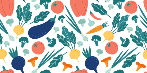 Seamless vegetables pattern. Hand drawn doodle vegetarian food. Vegetable kitchen radish, vegan beets and tomato vector illustration - obrazy, fototapety, plakaty