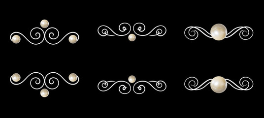Vector Vintage Vignettes, White Pearls and Calligraphic Swirls Isolated on Black Background.