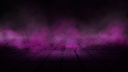 Dark street, night smog and smoke. Dark background of the night city, ray of light in the dark....