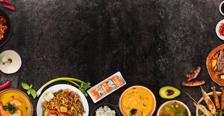 Top view composition of various Asian food in bowls