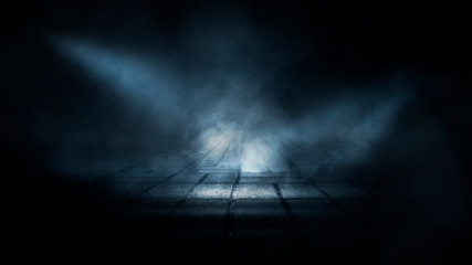 Dark street, night smog and smoke. Dark background of the night city, ray of light in the dark. Gloomy dark background.