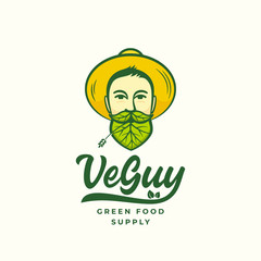 VeGuy Abstract Vector Sign, Symbol or Logo Template. Young Man in Gardener Hat. Face with Leaves Incorporated in Beard and Moustache. Vegan or Vegetarian Emblem Hipster Concept.