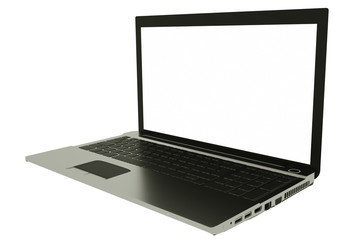 Modern laptop with blank white screen isolated on white. 3d illustration