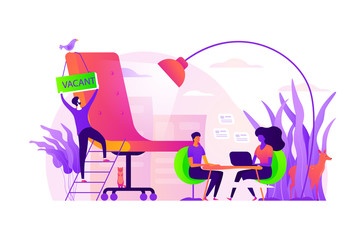 Recruitment agency, human resources service, recruitment network and candidate interview concept. Vector isolated concept illustration with tiny people and floral elements. Hero image for website.